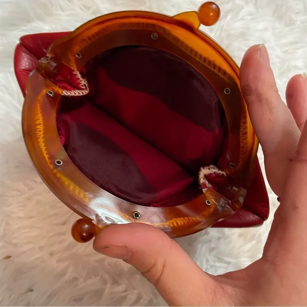 Vintage Crimson Leather and Amber Lucite Handle Kiss Lock Coin Purse